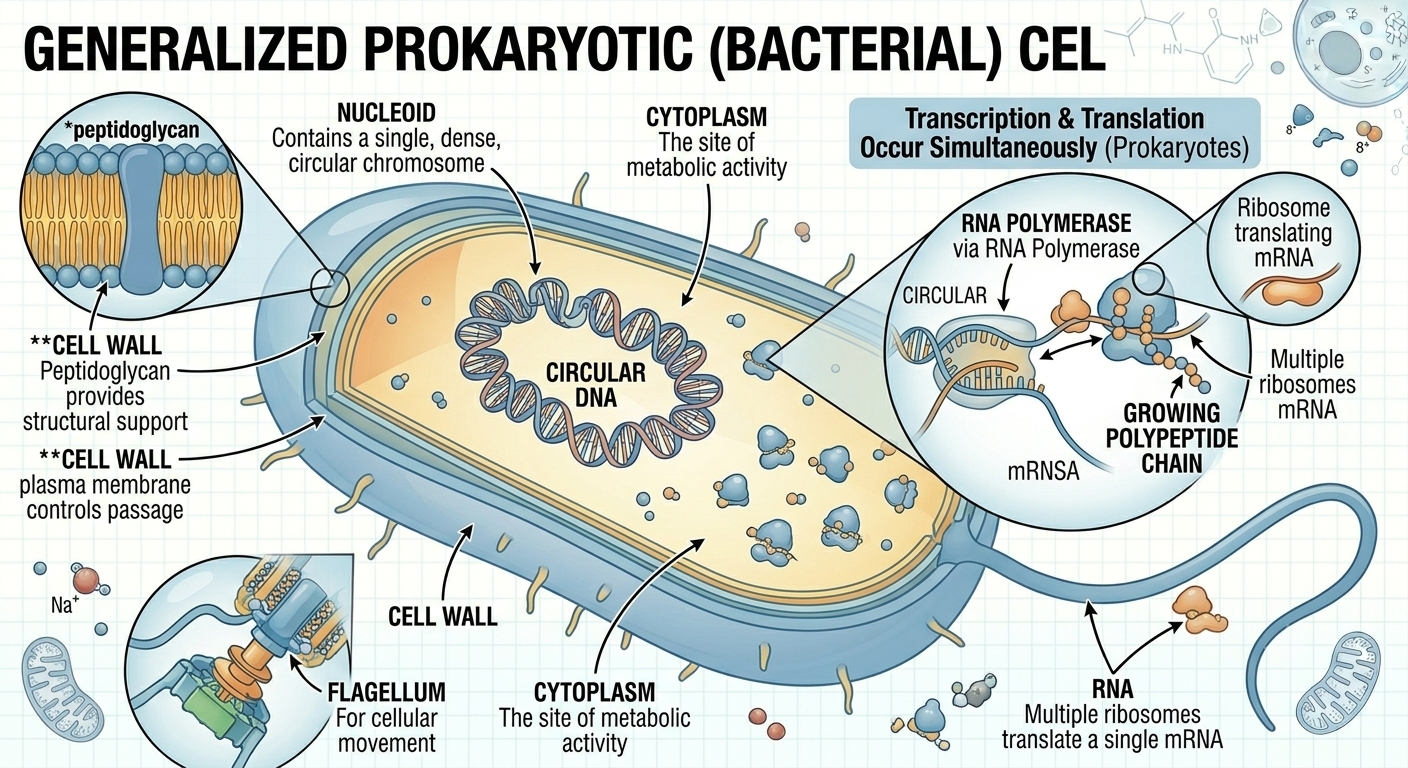 Figure 5. Structure of a prokaryotic cell. Prokaryotes lack a membrane-bound nucleus and membrane-bound organelles. Their DNA is located within a nucleoid region, and transcription and translation occur simultaneously within the cytoplasm.