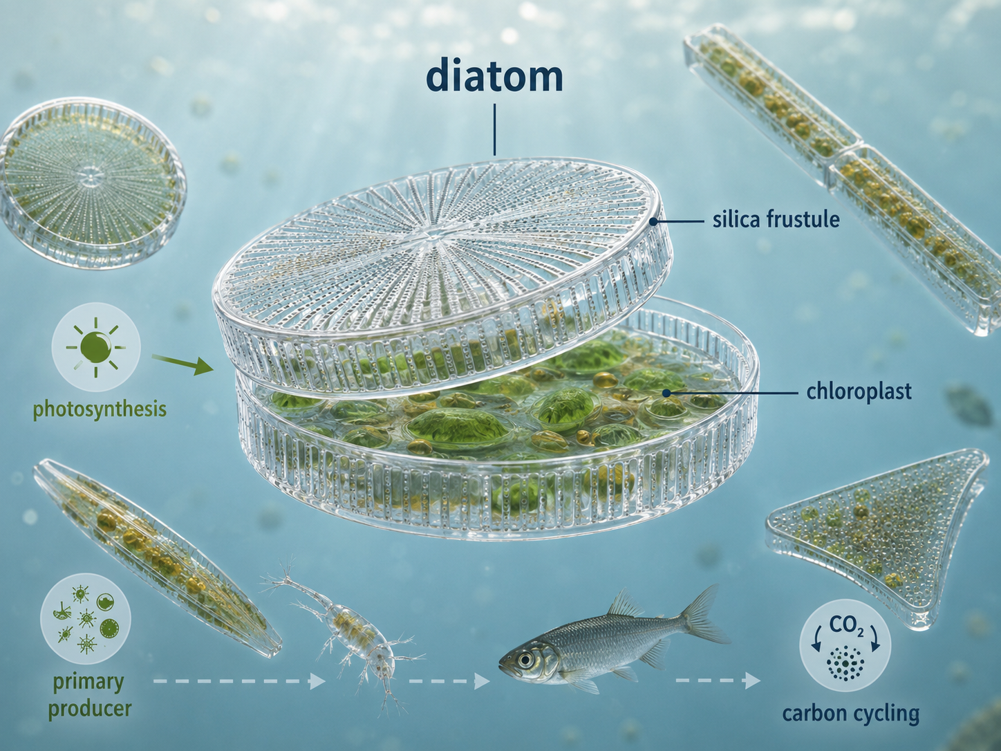 Diatoms are unicellular photosynthetic stramenopiles with silica cell walls. They are major aquatic primary producers and play important roles in food webs, carbon cycling, and sediment formation.