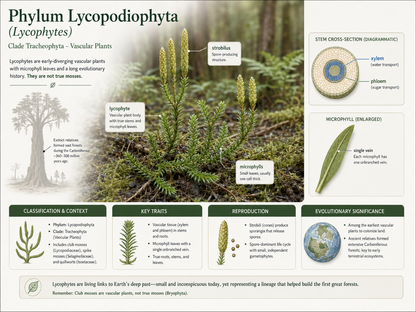 Lycophytes are vascular plants with microphylls, xylem, and phloem. Club mosses are not true mosses; they belong to an early-diverging vascular plant lineage that was once represented by large tree-like forms in ancient forests.