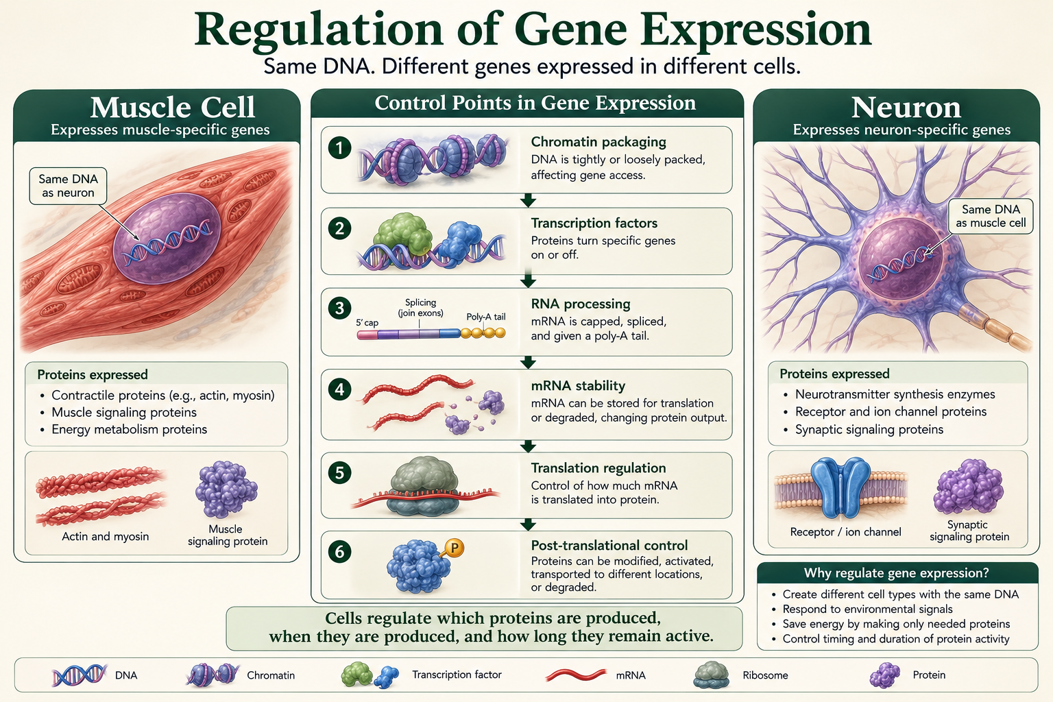 A muscle cell and neuron share the same DNA but express different genes through multiple regulatory control points.