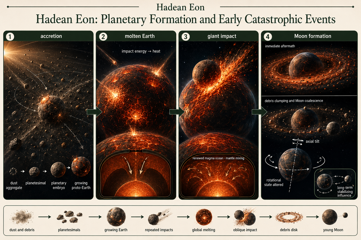 Early Earth grows by impacts, remains molten, and experiences a giant collision that ejects debris forming the Moon.
