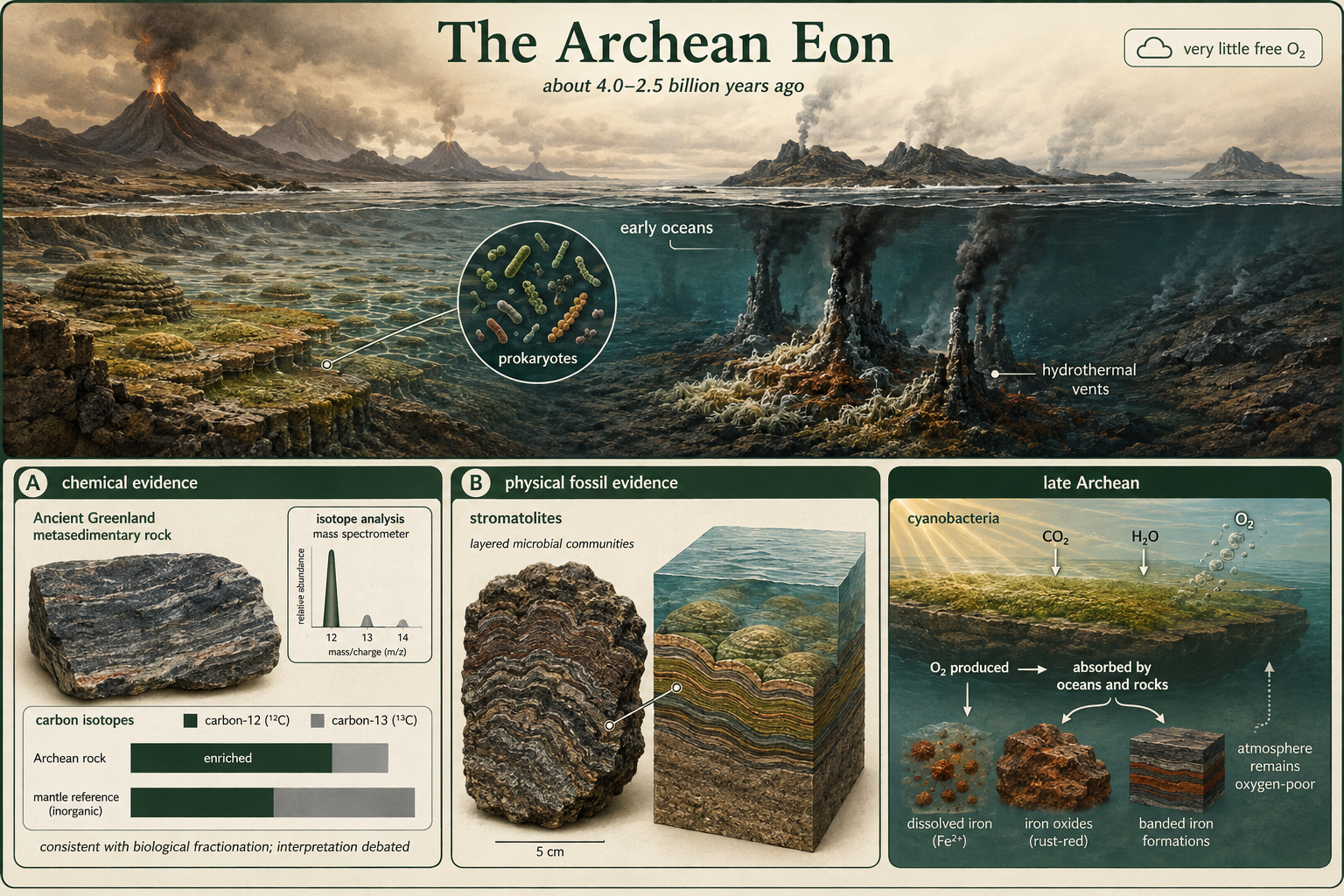 Archean oceans show microbial life, carbon-12 evidence, stromatolites, cyanobacteria, and low oxygen.