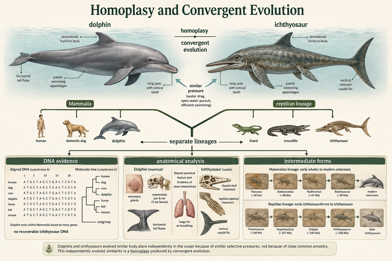 A dolphin and ichthyosaur look similar from convergent evolution but are placed in separate lineages.