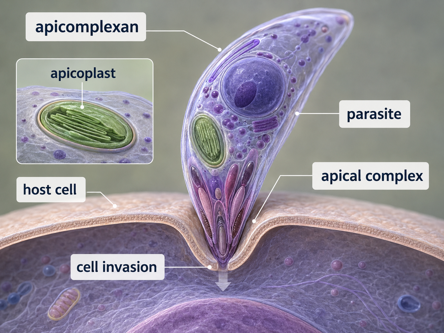 Apicomplexans are parasitic alveolates that use an apical complex to infect host cells. Many retain a modified plastid called an apicoplast, showing evidence of ancestry from plastid-containing eukaryotes.