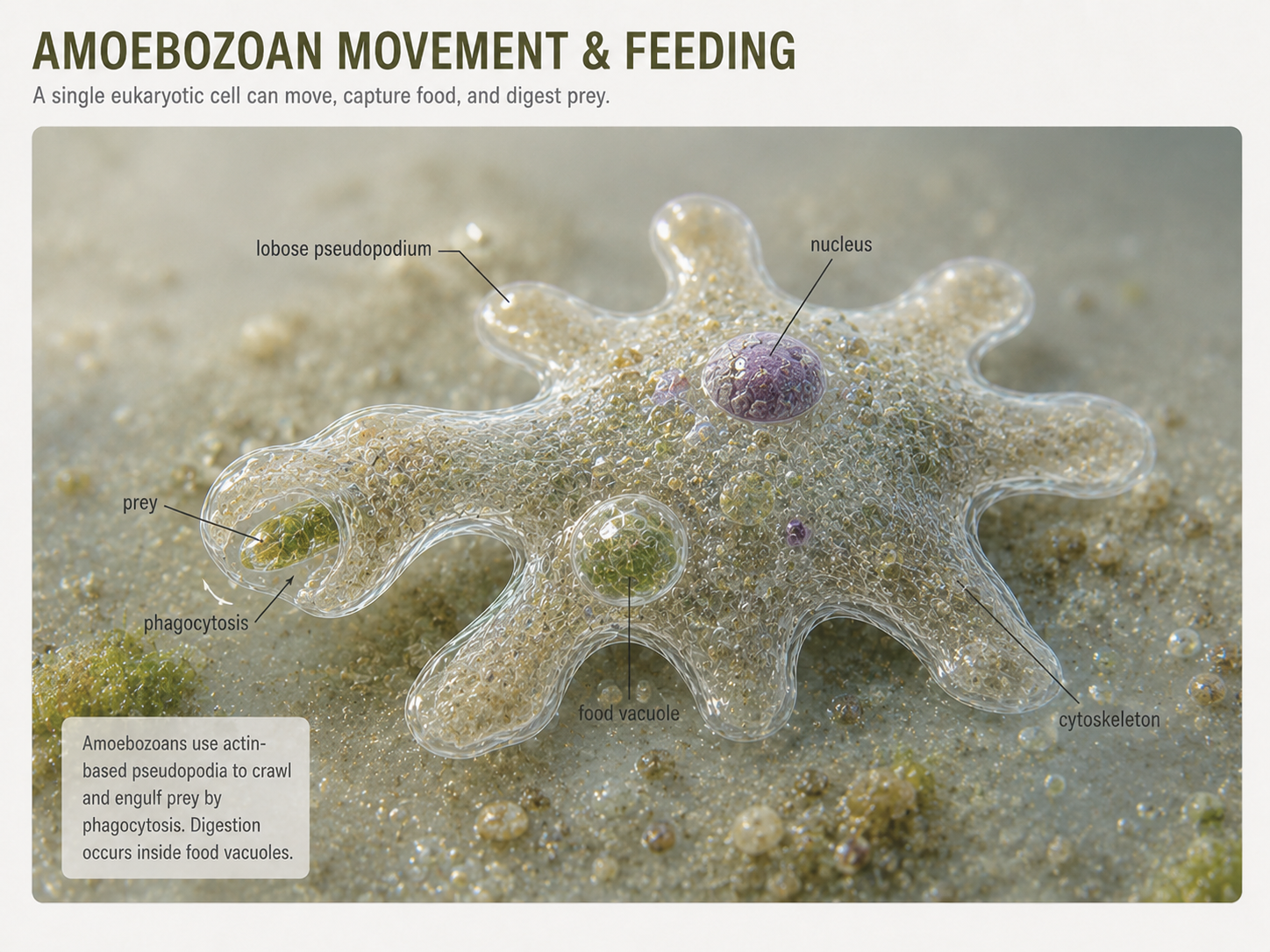 Amoebozoans often move and feed using blunt lobose pseudopodia. These extensions allow the cell to crawl, surround prey, and engulf food through phagocytosis.