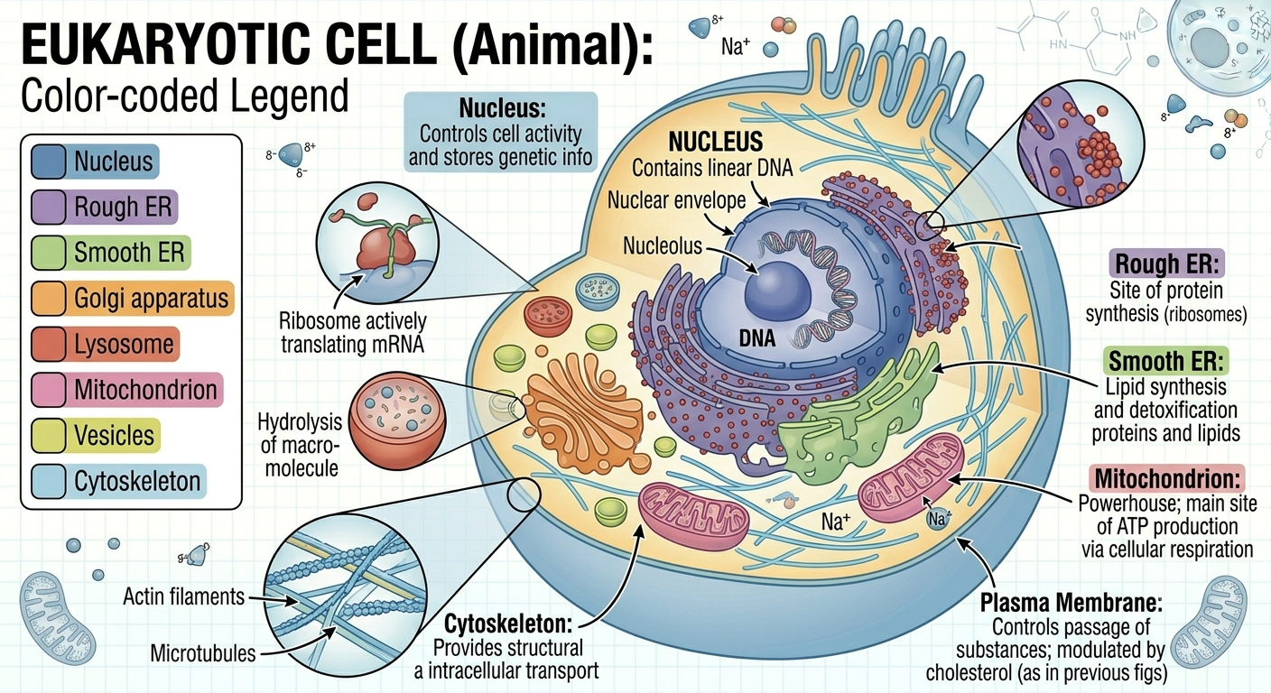 Figure 6. Structure of a eukaryotic cell. Eukaryotic cells contain membrane-bound organelles that compartmentalize cellular processes. This internal organization increases efficiency and allows greater cellular specialization and complexity.