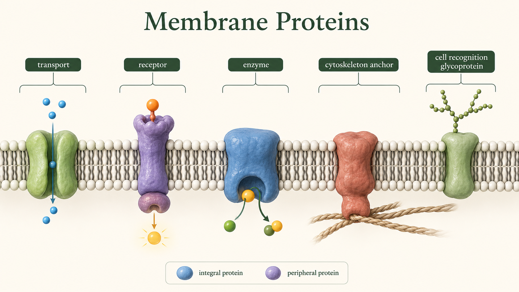 A membrane cross-section shows proteins functioning in transport, signaling, enzymatic activity, cytoskeletal attachment, and cell recognition.