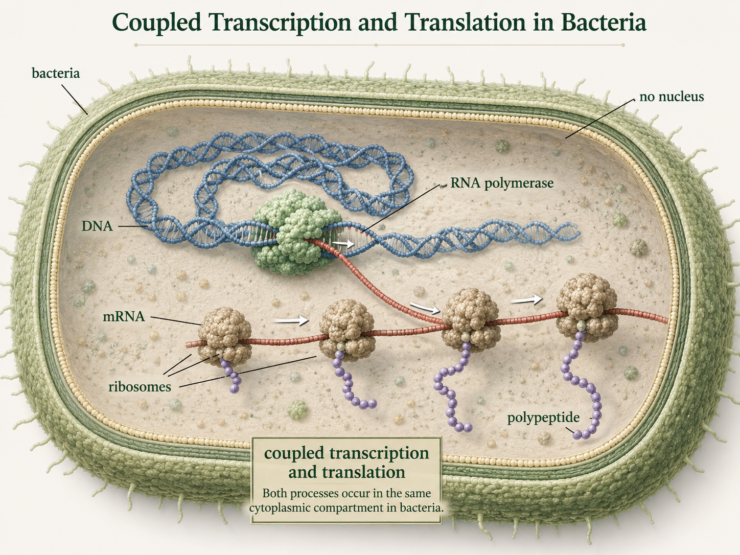 In a bacterial cell, ribosomes translate an mRNA while RNA polymerase is still transcribing it.