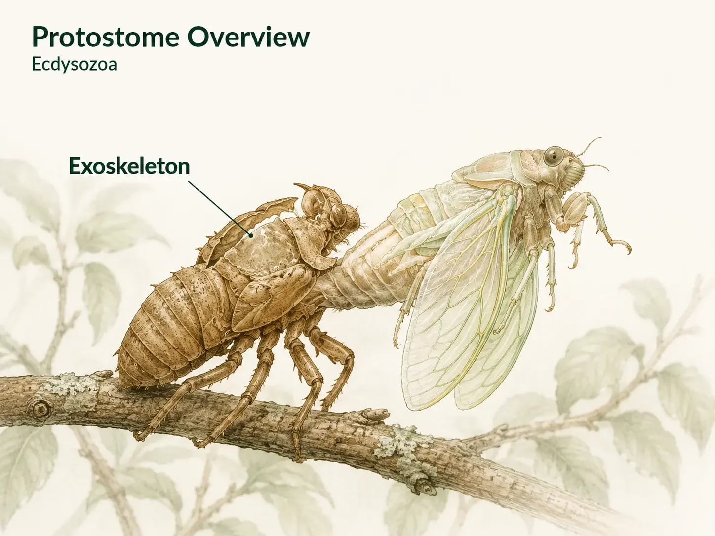 Insect emerging from its old exoskeleton during a molt, with the shed outer covering visible behind it.