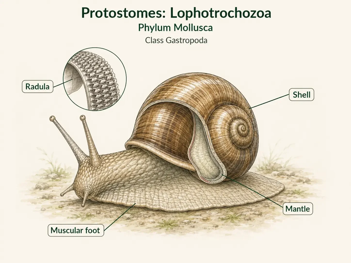 A snail labeled with the shell, mantle, and broad muscular foot along the underside.