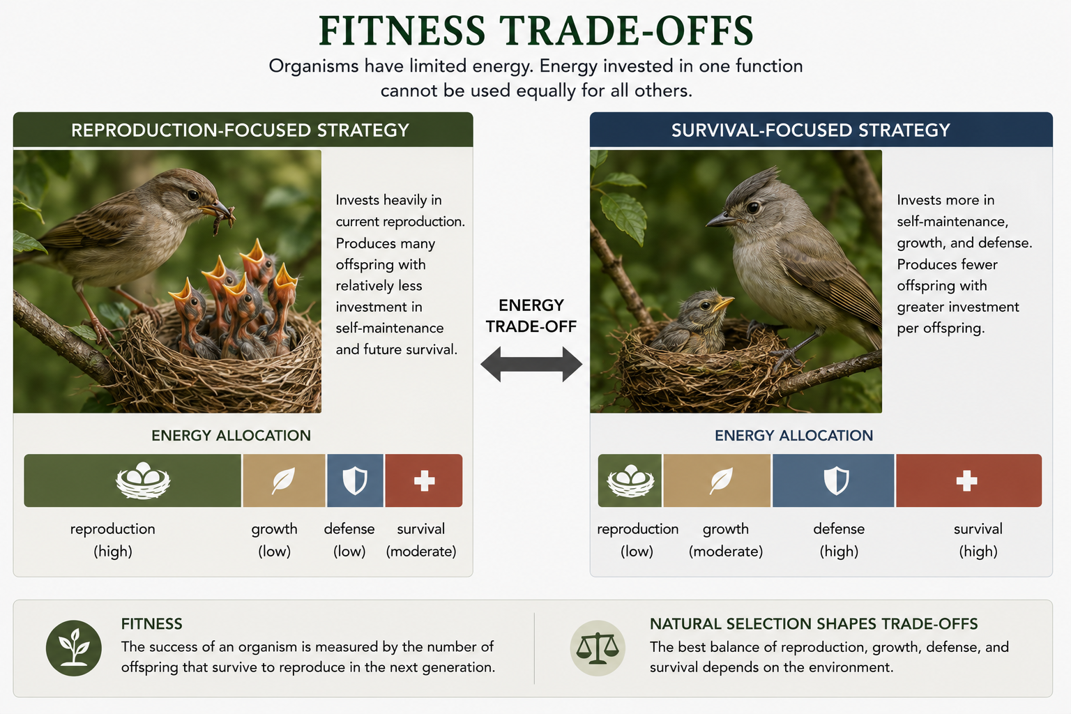 A bird or plant example shows limited energy being divided among reproduction, survival, growth, and defense. One side emphasizes high reproductive effort, while the other emphasizes survival or future reproduction.