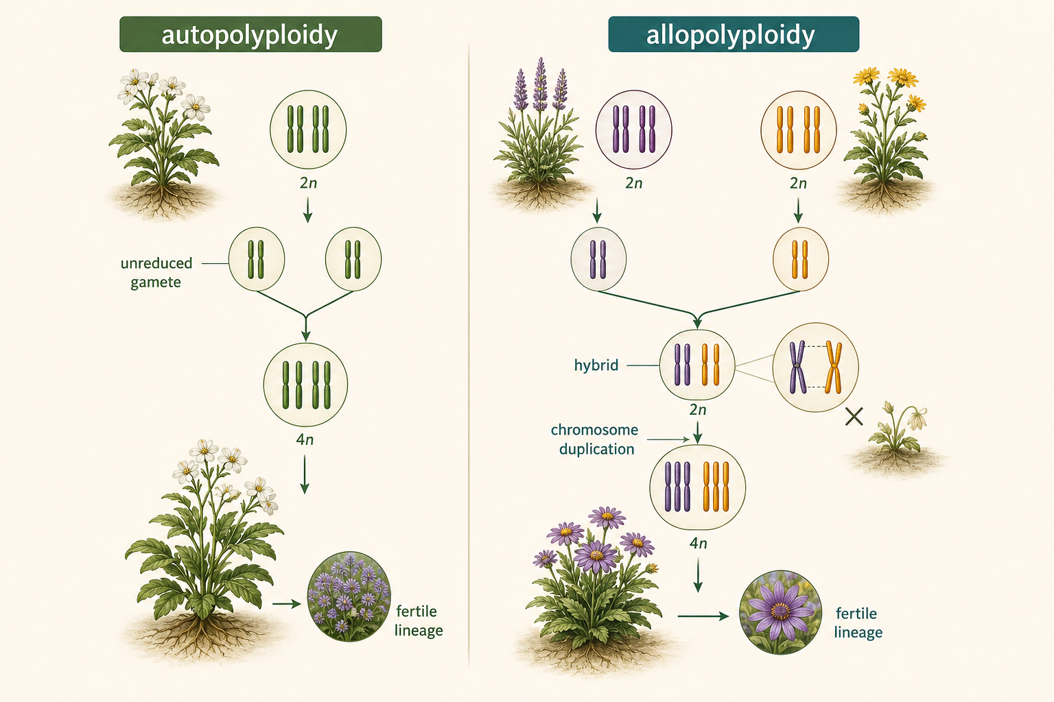 One pathway shows chromosome doubling within a species; another shows hybridization followed by doubling and restored fertility.