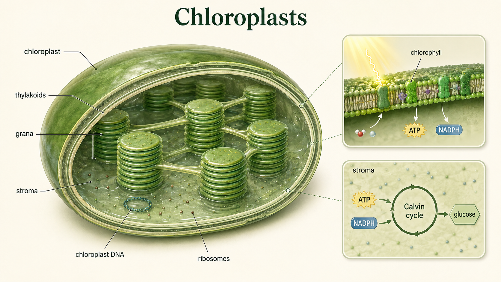 A chloroplast cutaway shows thylakoids, grana, stroma, chlorophyll, DNA, ribosomes, and glucose production.
