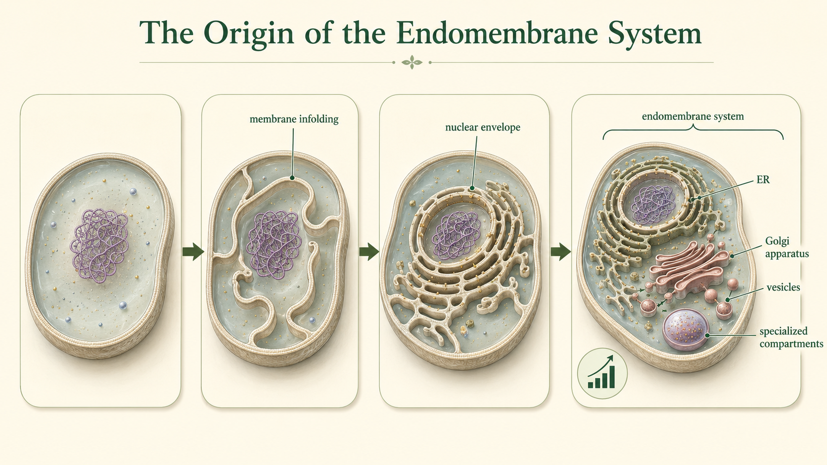 An ancestral cell membrane folds inward to form the nucleus, ER, Golgi, vesicles, and other internal compartments.