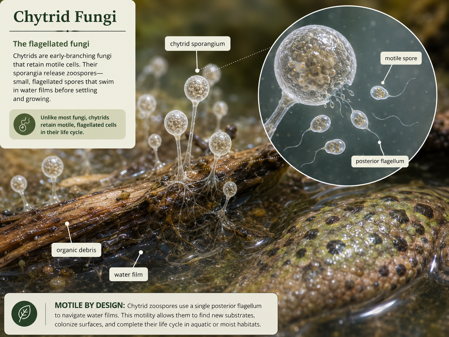 Chytrid fungi are mostly aquatic or moisture-dependent fungi that retain motile flagellated cells. This feature links them to early opisthokont traits and distinguishes them from most other fungi, which have non-motile spores.
