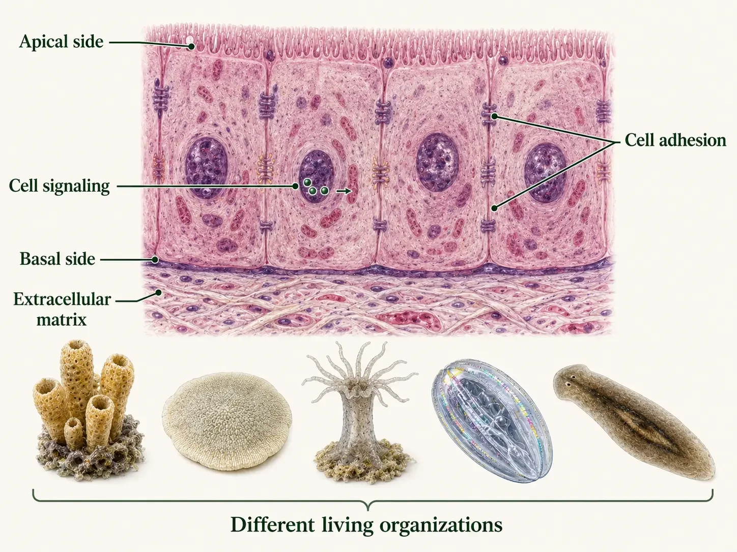 An epithelial sheet illustrates cell adhesion, polarity, extracellular matrix, and a controlled boundary. Surrounding panels compare cellular and tissue organization in sponges, placozoans, cnidarians, ctenophores, and bilaterians.