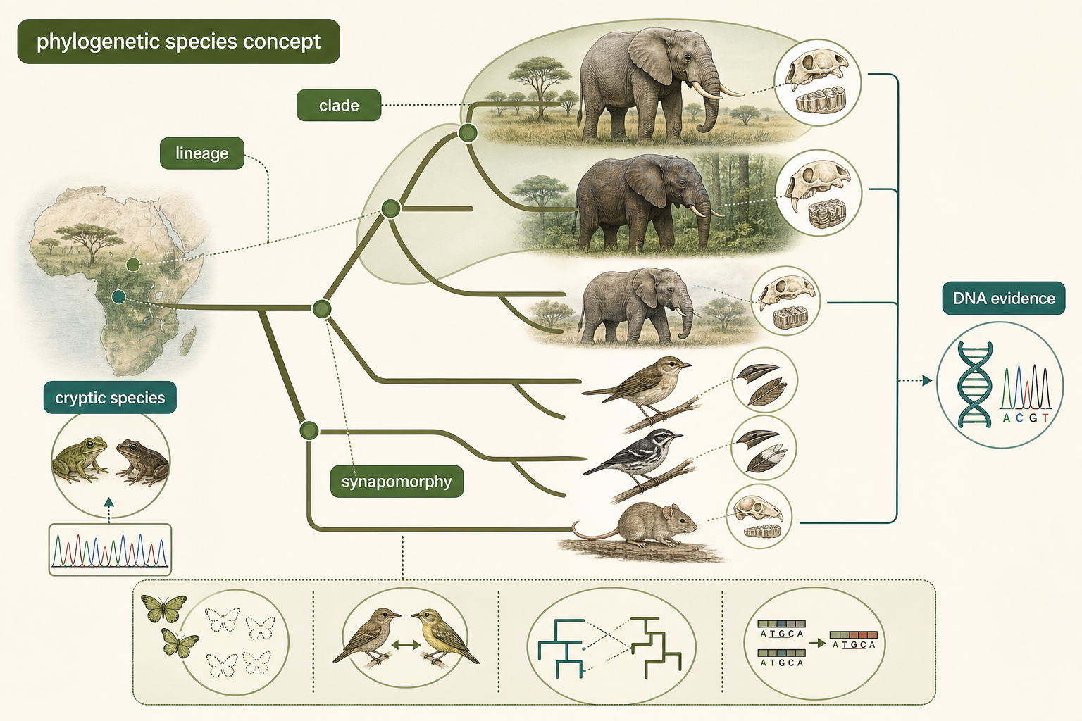 A branching tree shows distinct lineages, shared derived traits, DNA evidence, and savanna versus forest elephants.