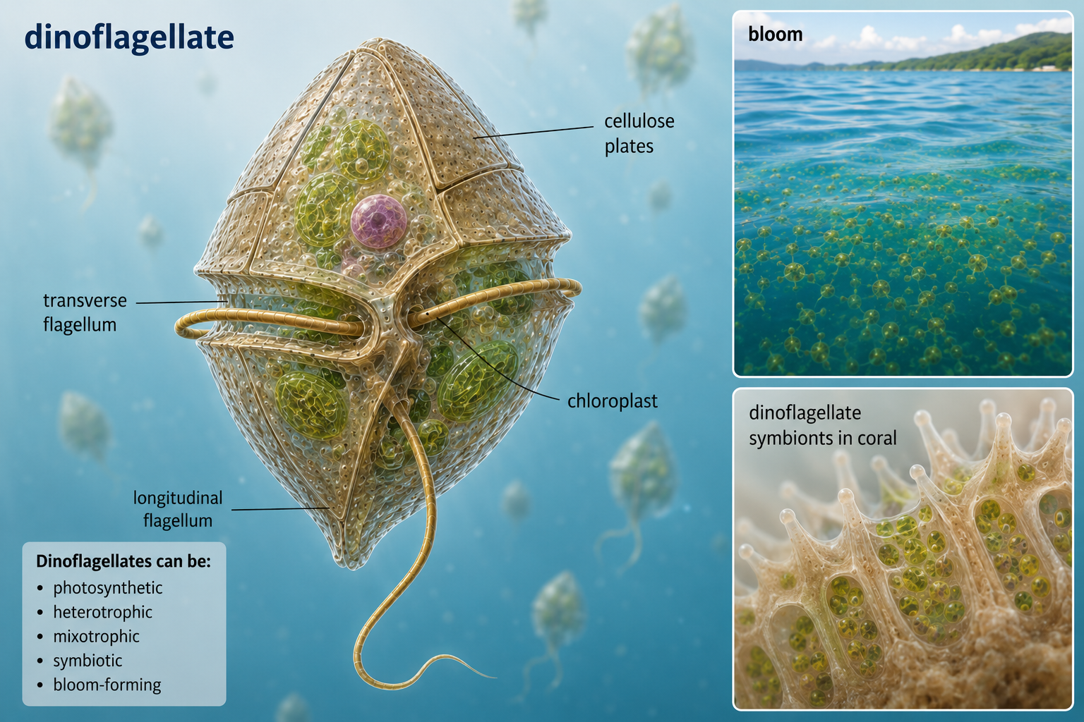 Dinoflagellates are alveolates with two flagella and diverse nutritional strategies. Some are photosynthetic plankton, some form harmful algal blooms, and others live as important symbionts in corals.