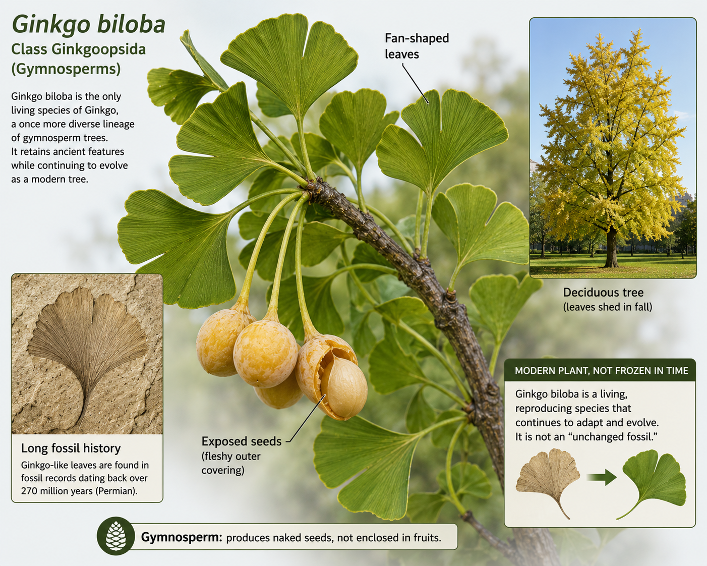 Class Ginkgoopsida. Ginkgo biloba is the only living species of a once more diverse gymnosperm lineage. It has fan-shaped leaves, exposed seeds, and a long fossil history, but living ginkgo trees are modern plants rather than unchanged relics.