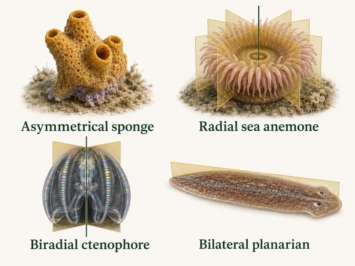Four diagrams compare animal body symmetry: sponge asymmetry, cnidarian radial symmetry around an oral–aboral axis, ctenophore biradial symmetry with two matching planes, and bilaterian left–right symmetry.