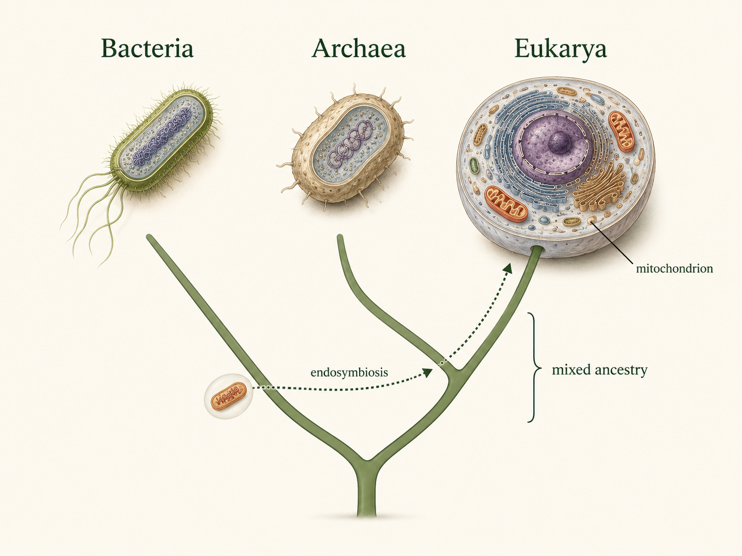 Eukaryotes are closely related to Archaea but also contain bacterial-derived organelles, especially mitochondria. This mixed ancestry reflects the deep evolutionary events that produced complex eukaryotic cells.