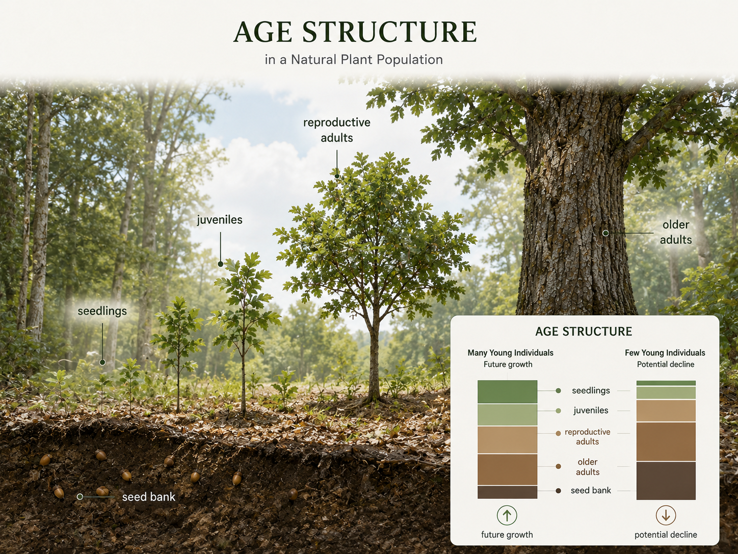 A plant population in a forest gap includes seedlings, saplings, reproductive adults, and older adults. A small stage-structure chart shows the proportion of individuals in each age or life stage.