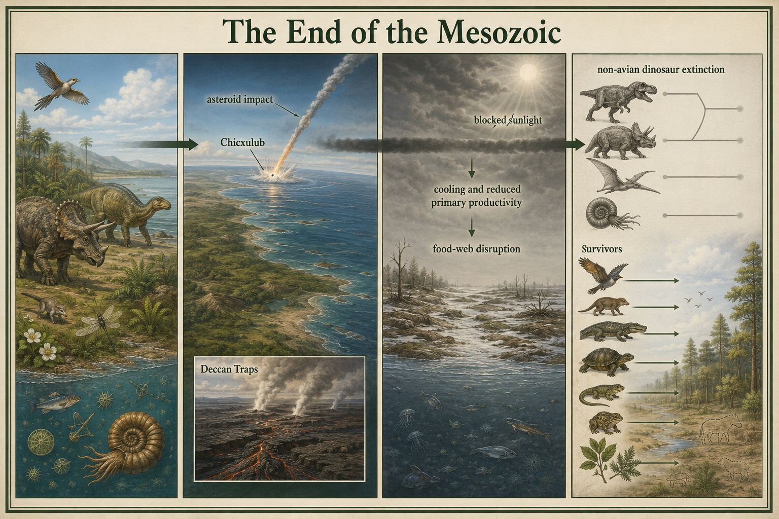 An asteroid impact and volcanism disrupt climate and ecosystems, ending non-avian dinosaurs while some lineages survive.