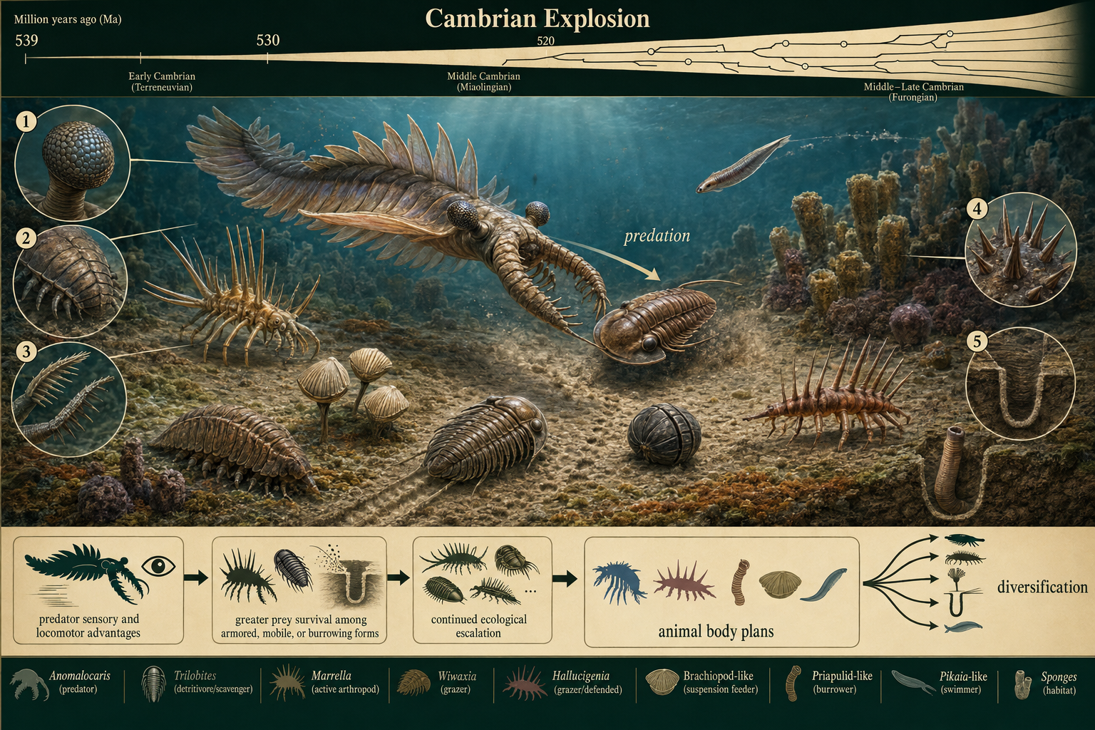 A Cambrian sea shows diverse animals with eyes, armor, appendages, predators, and defensive prey.