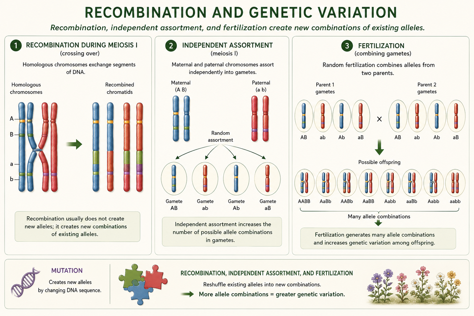 Chromosomes exchange DNA during meiosis, creating new allele combinations. Independent assortment and fertilization further increase offspring variation.