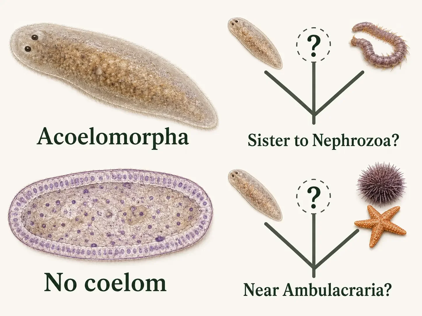 Acoelomorph body plan with bilateral organization, tissue filling the space between the body wall and digestive system, and no coelom; a small phylogeny shows two debated positions for Xenacoelomorpha.