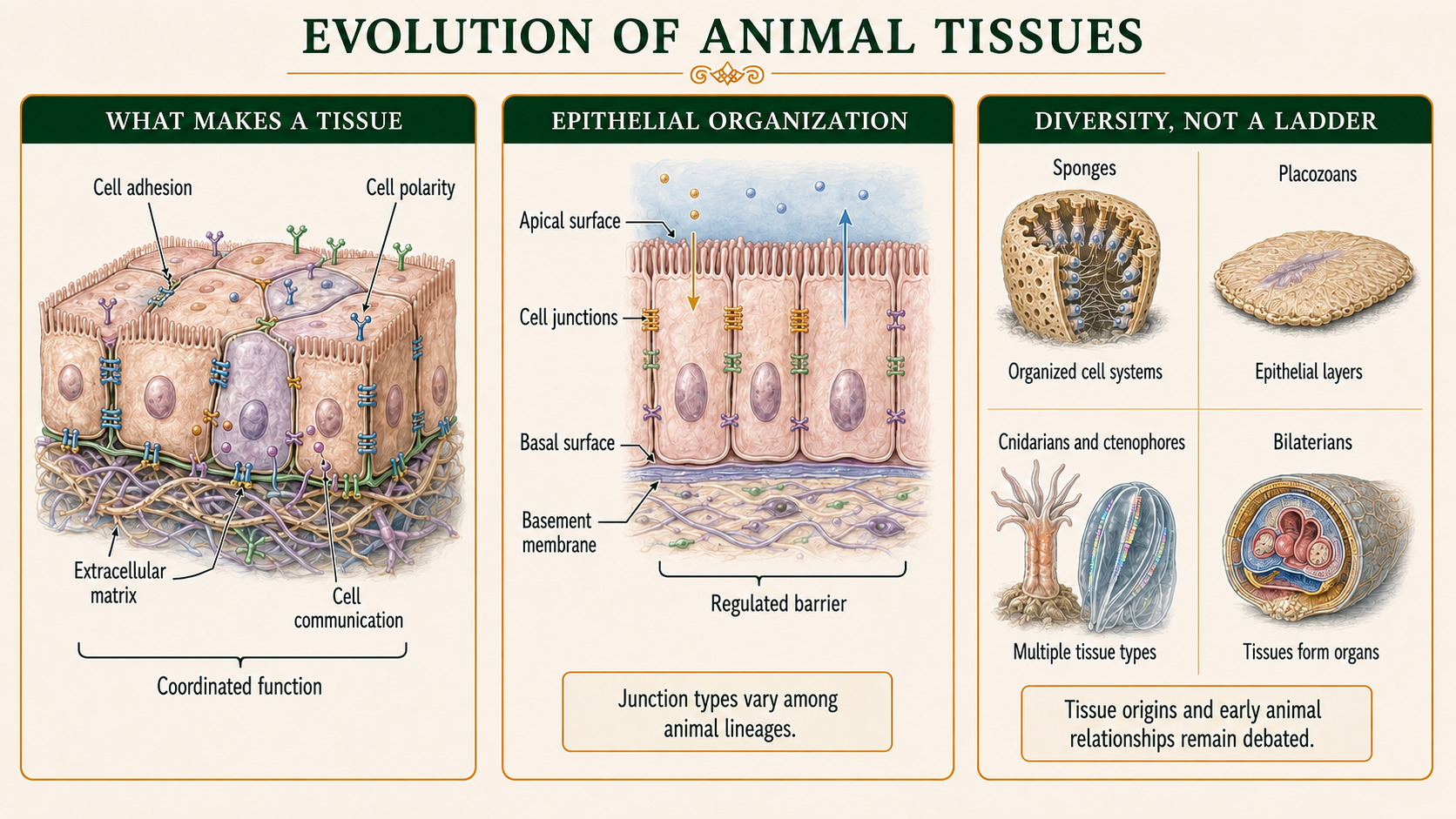 Infographic showing tissue features, epithelial organization, and differences among major animal groups.