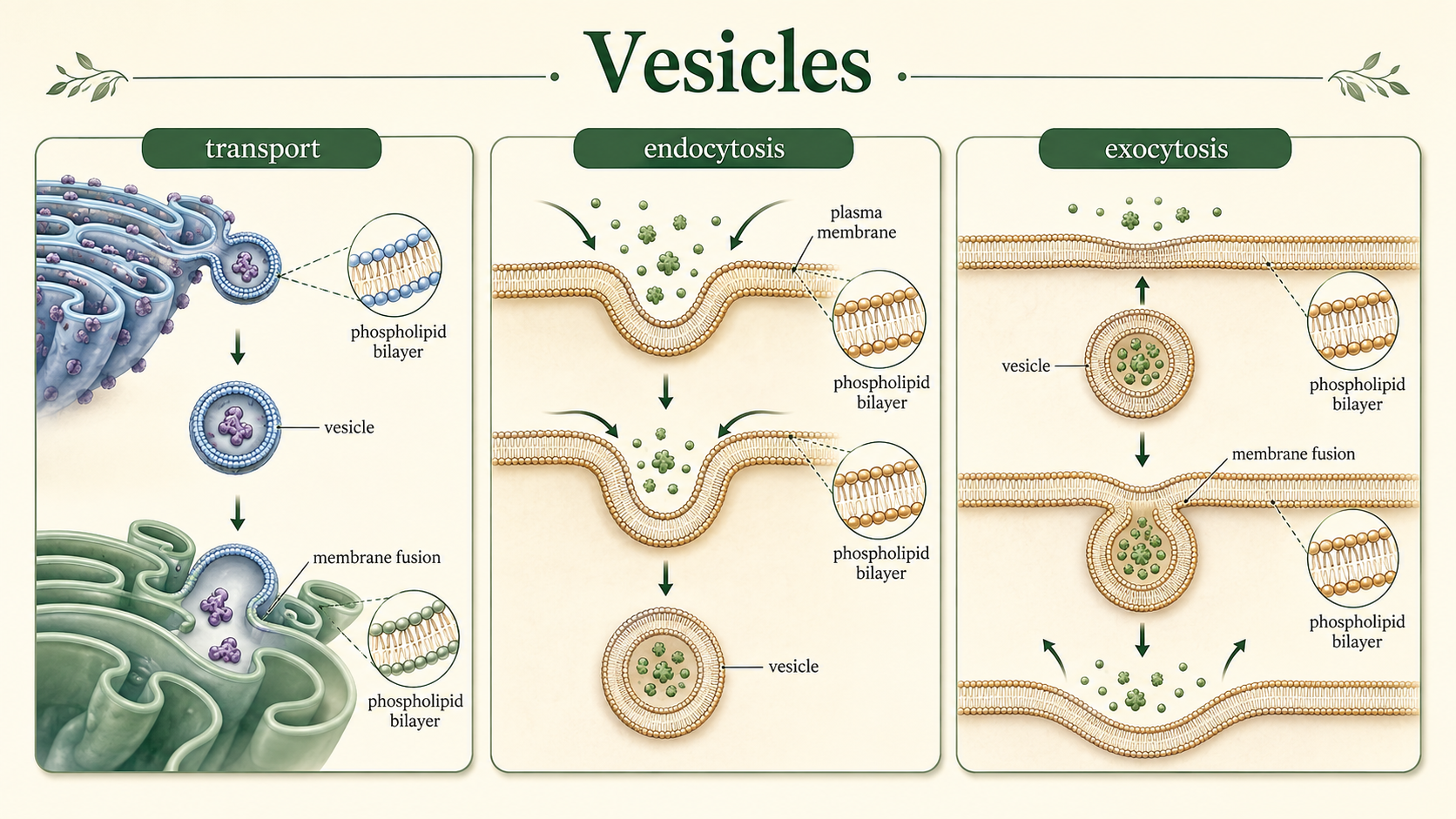 Vesicles form from membranes, move materials between organelles, and perform endocytosis and exocytosis.