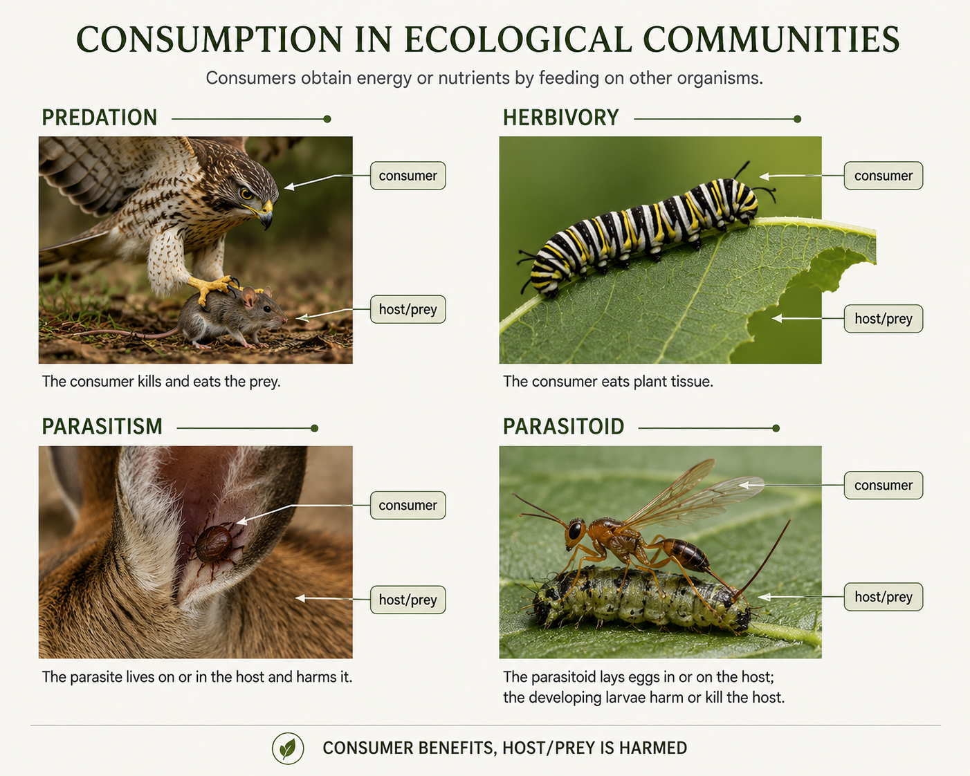 Four ecological scenes show types of consumption: a hawk catching a mouse, a caterpillar eating a leaf, a tick feeding on a mammal, and a parasitoid wasp interacting with an insect host.