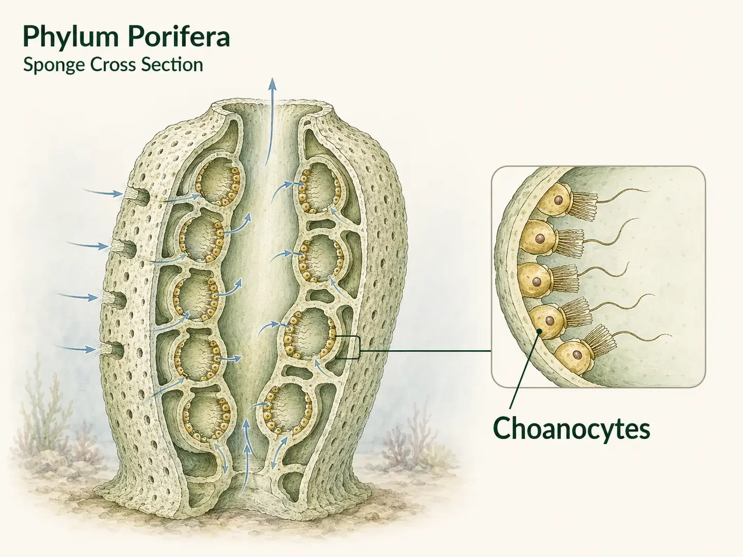Sponge cross section showing internal water spaces and choanocytes lining the feeding chambers.