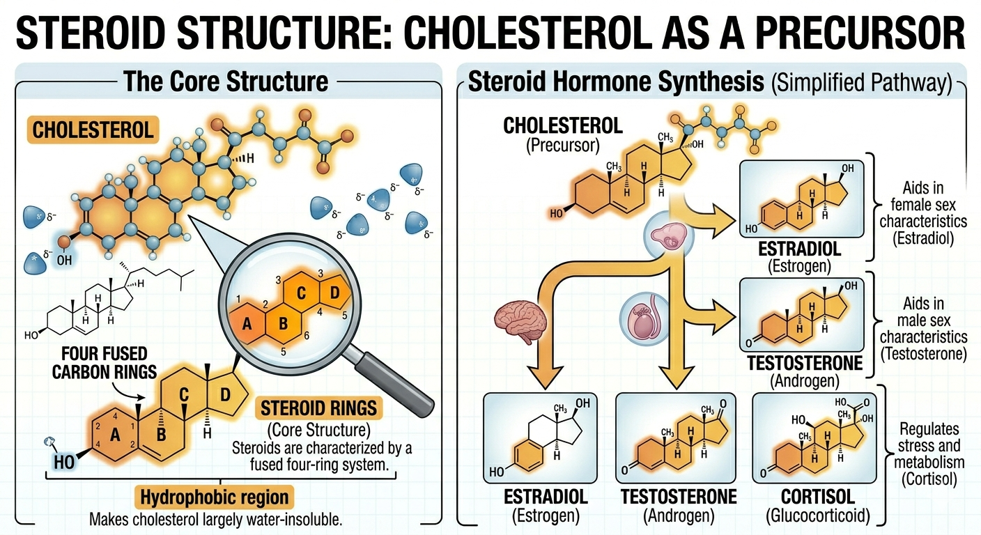 Steroids contain four fused carbon rings and often function in membrane stability and cellular signaling.