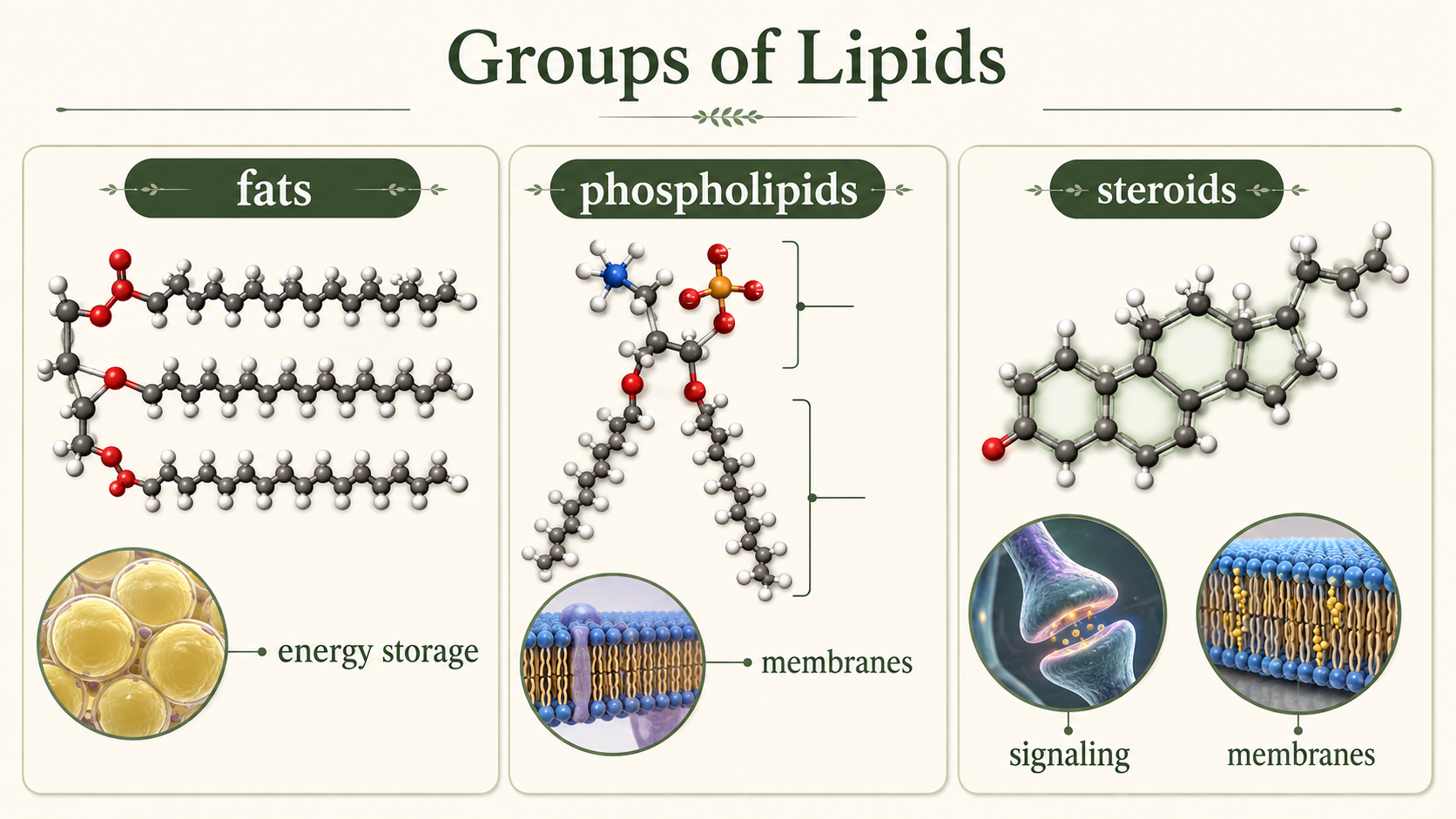 Three panels compare a triglyceride, a phospholipid, and a steroid with their primary biological functions.