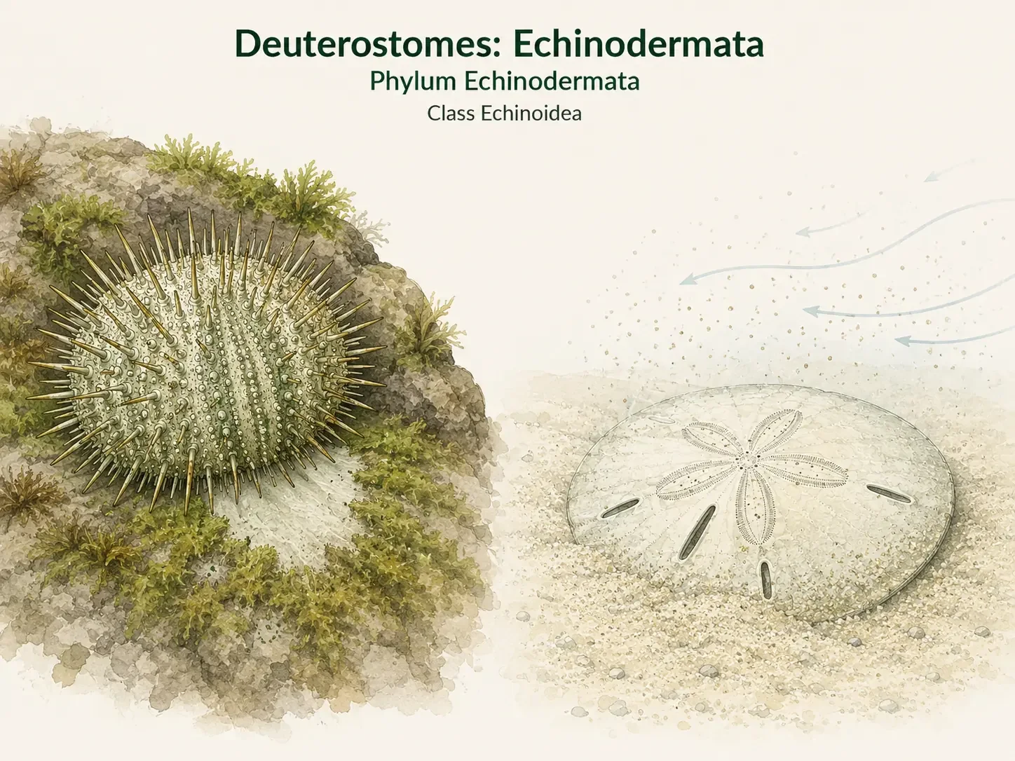 A sea urchin with a rounded spiny body beside a flattened disk-shaped sand dollar.