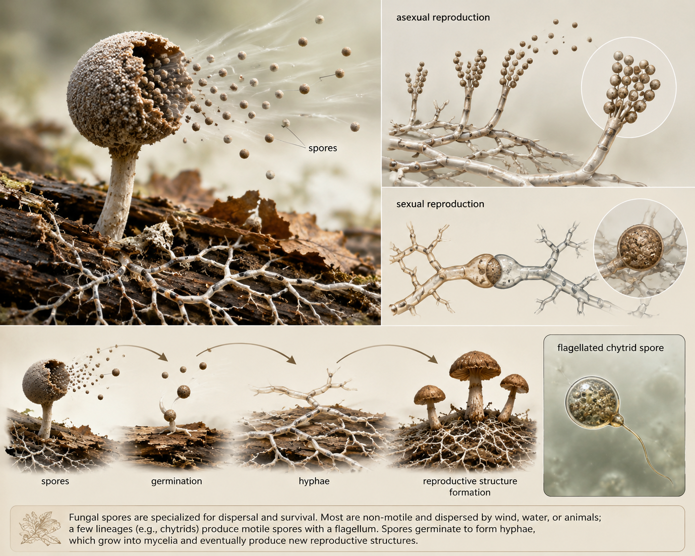 Fungi reproduce with spores. Asexual spores allow rapid dispersal, while sexual reproduction increases genetic variation. Most fungal spores are non-motile and disperse by wind, water, or animals, while chytrid fungi retain motile flagellated cells.