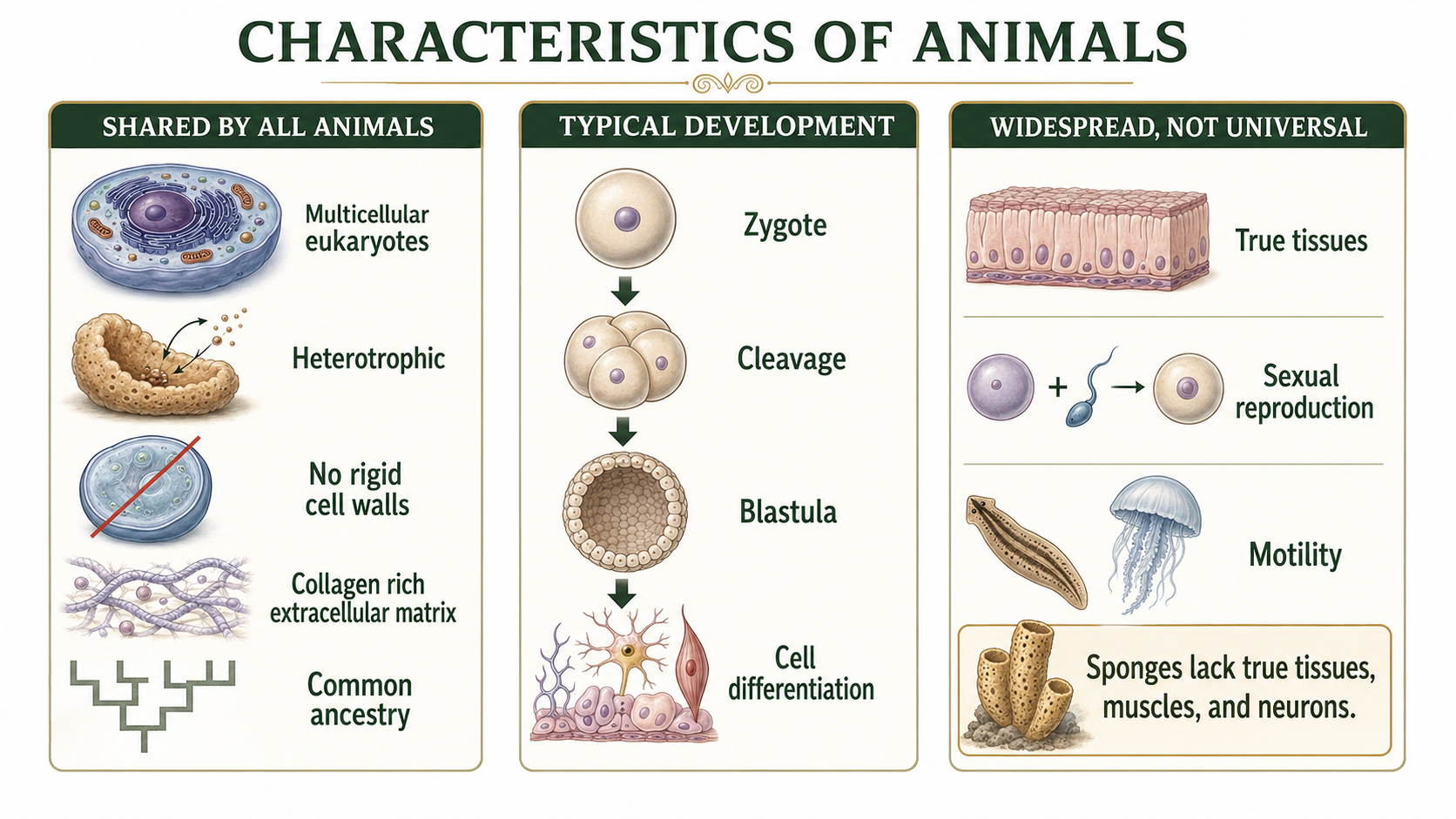 Infographic showing shared animal traits, development from zygote to blastula, and widespread traits, noting that sponges lack true tissues, muscles, and neurons.