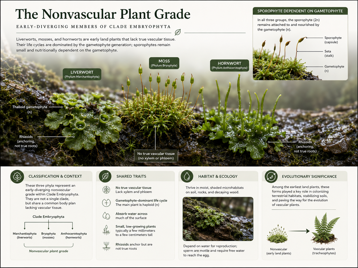 Nonvascular Plants. Liverworts, mosses, and hornworts are early-diverging land plants that lack true vascular tissue. They are usually small, depend on moist environments, attach using rhizoids, and have gametophyte-dominant life cycles.