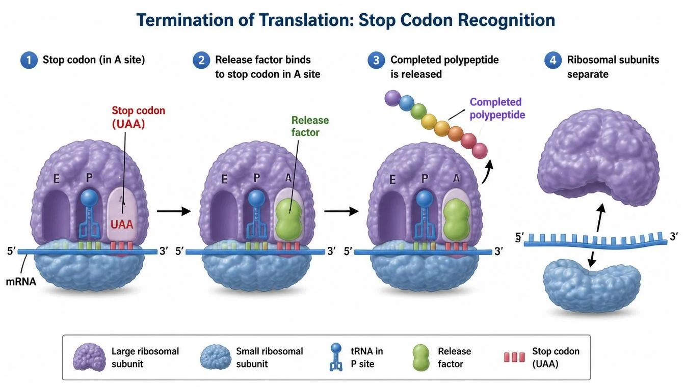 Release factors terminate translation when ribosomes encounter stop codons.
