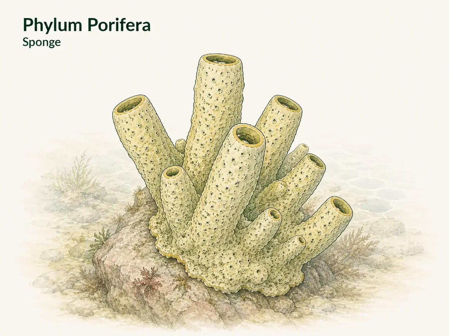Marine sponge with an irregular porous body and several large openings at the tips.