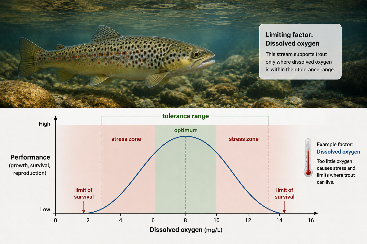 A performance curve shows an organism doing best in an optimum range, experiencing stress near the edges, and failing to survive beyond its tolerance limits.