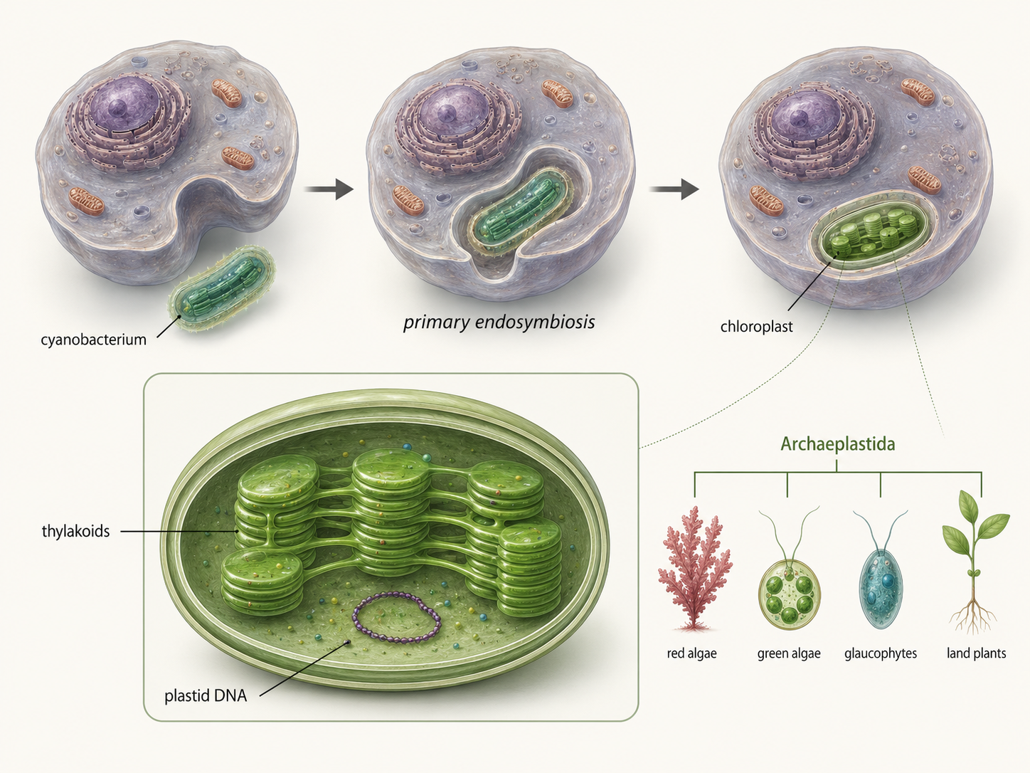 Chloroplasts evolved when an early eukaryotic cell engulfed a photosynthetic cyanobacterium. This event gave rise to the plastids of Archaeplastida, including red algae, green algae, glaucophytes, and land plants.