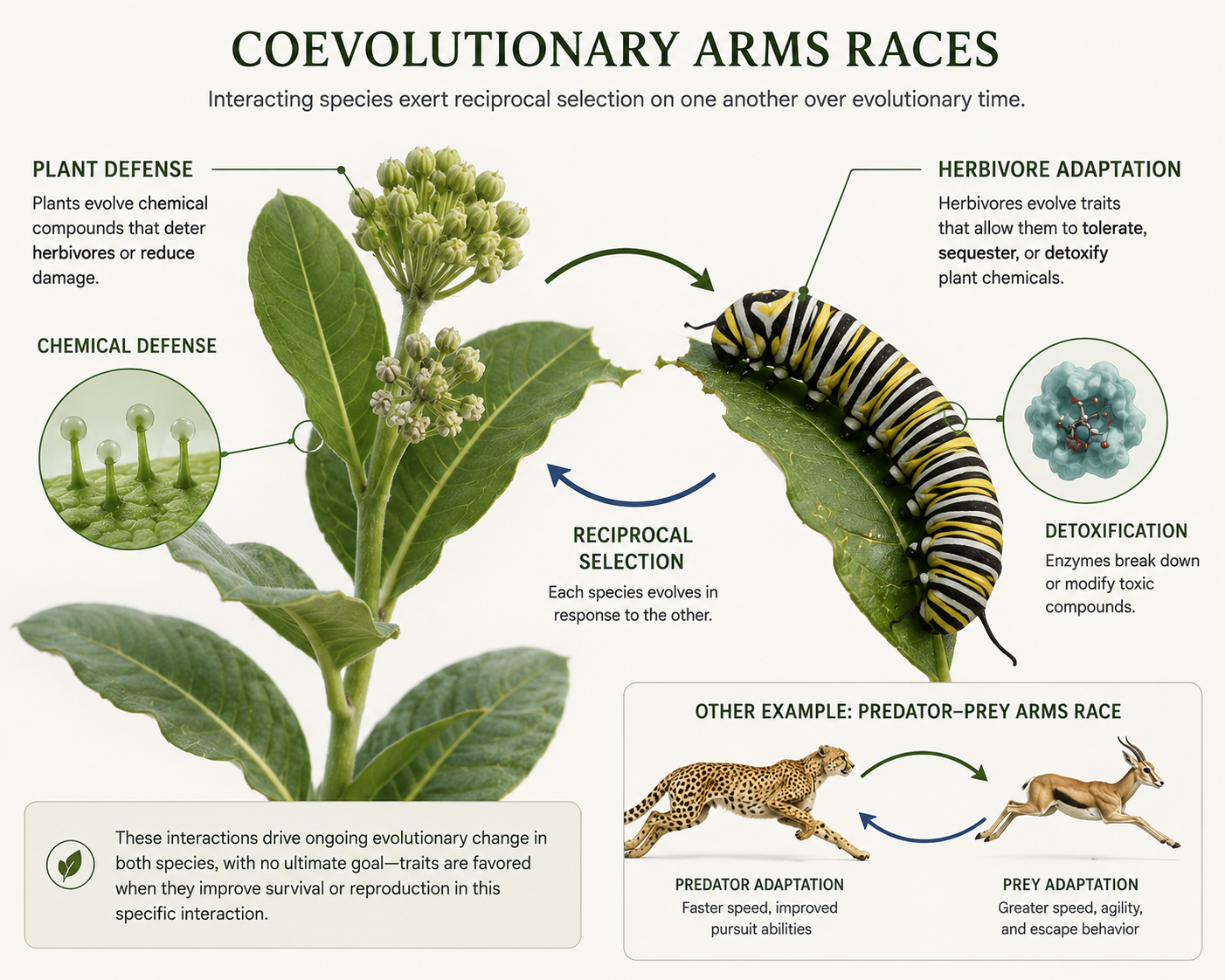 A plant with chemical defenses is shown beside an herbivorous insect adapted to feed on it. Curved arrows between the plant and insect represent reciprocal selection