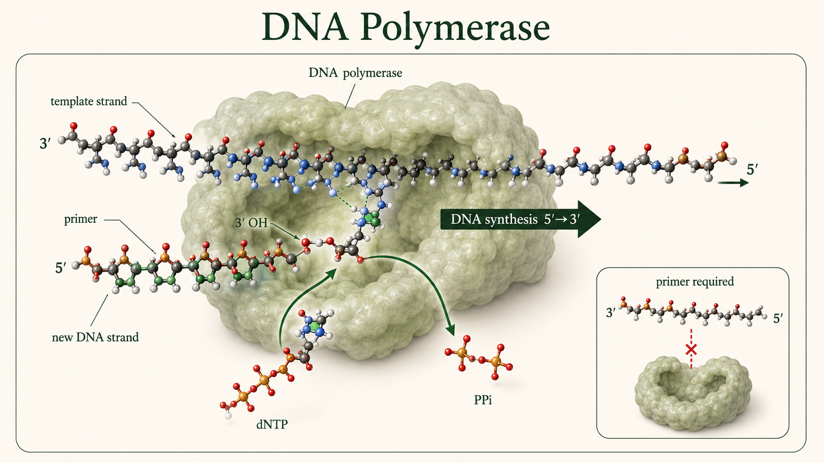 DNA polymerase extends a primer by adding complementary nucleotides to the growing strand’s 3′ end.