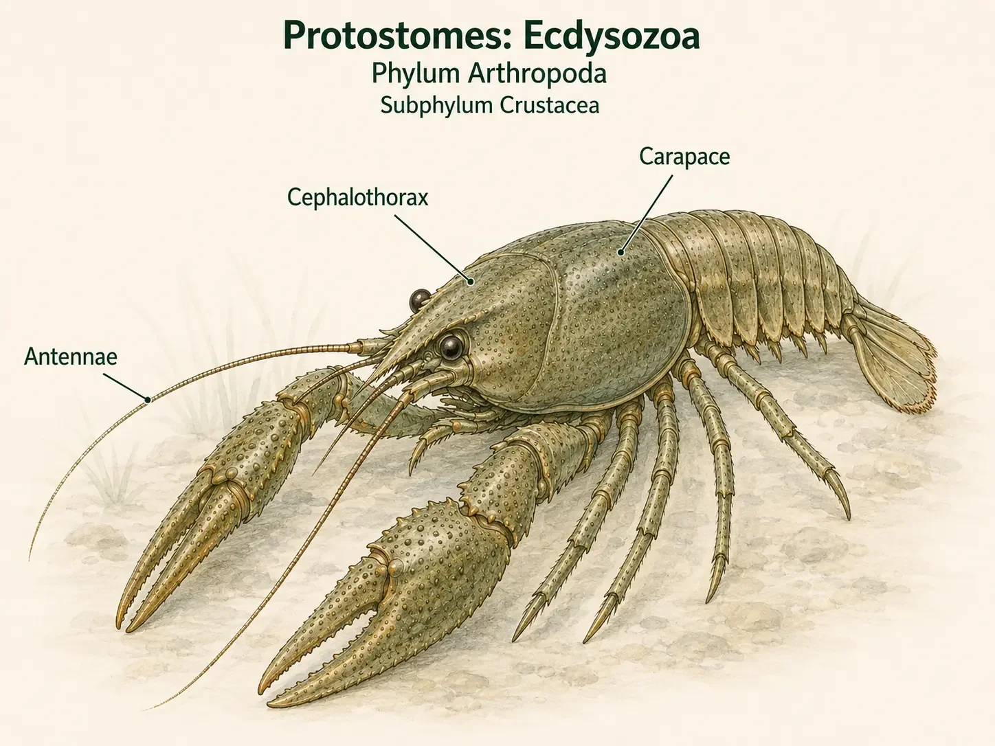 A crustacean showing the cephalothorax, two pairs of antennae, and the hard carapace covering the body.