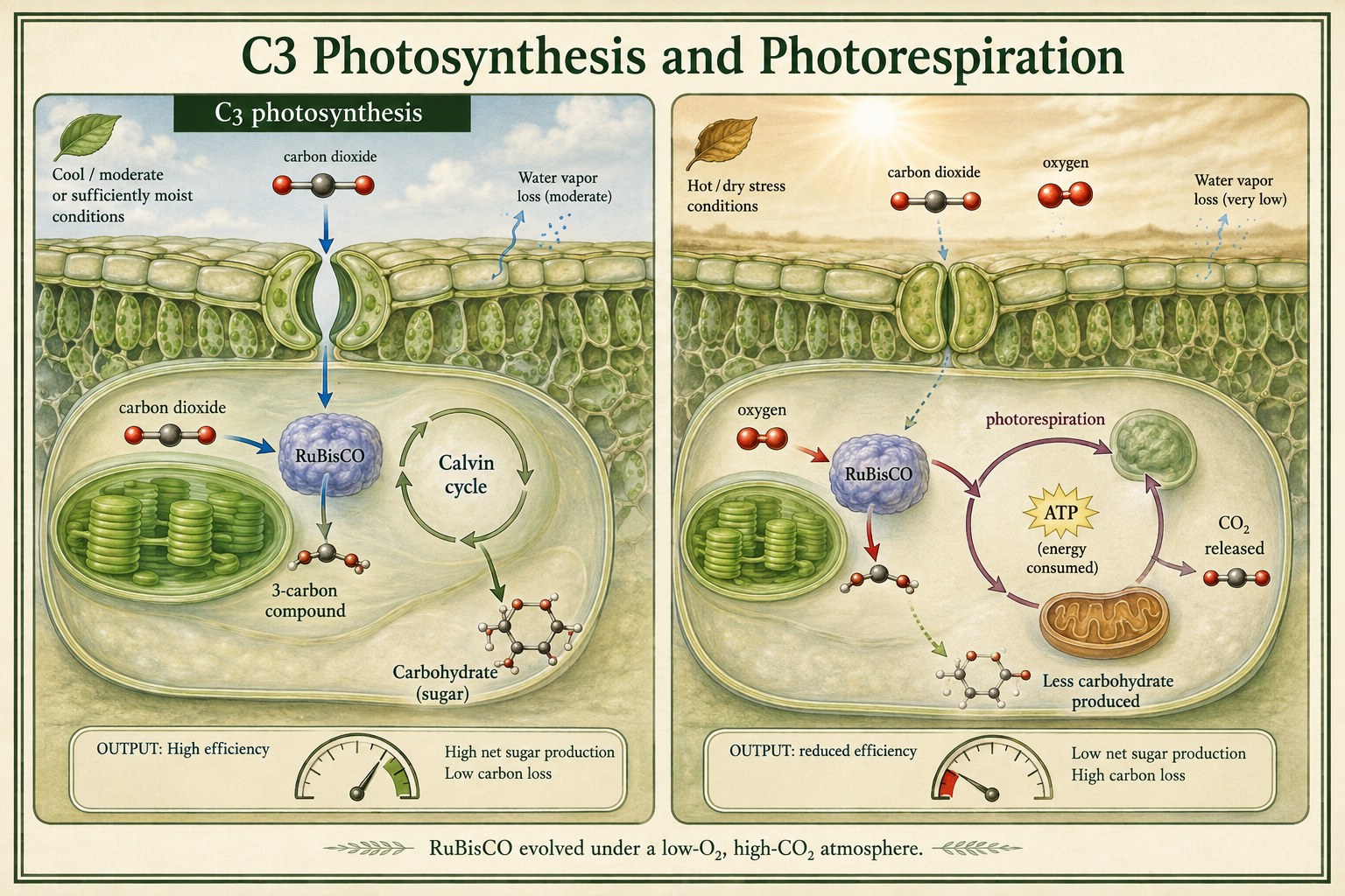In C3 plants, closed stomata lower carbon dioxide, causing RuBisCO to bind oxygen and trigger photorespiration.