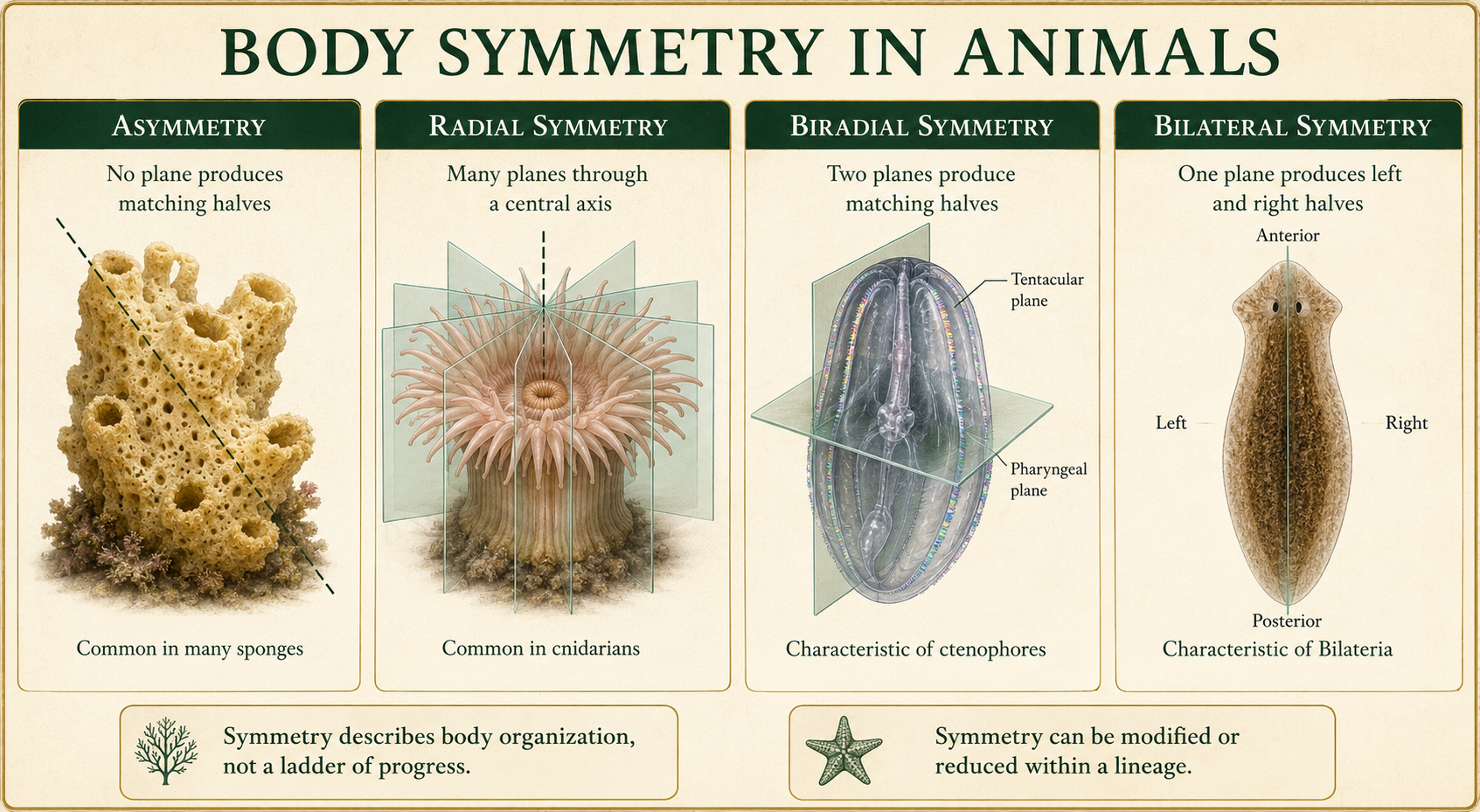 Sponge, sea anemone, ctenophore, and planarian illustrating asymmetrical, radial, biradial, and bilateral body organization.