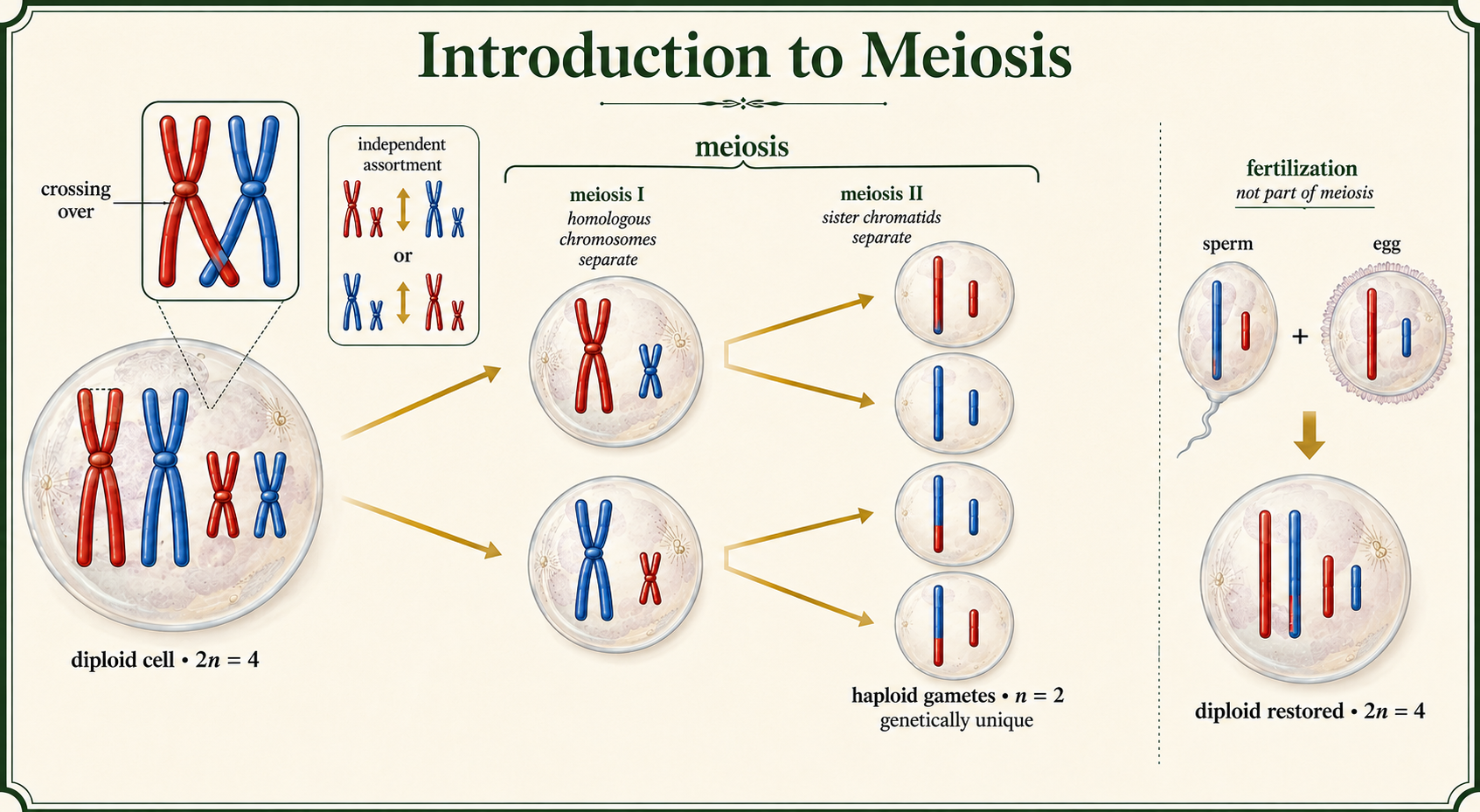 One diploid cell undergoes meiosis to produce four genetically unique haploid gametes, with fertilization restoring diploidy.